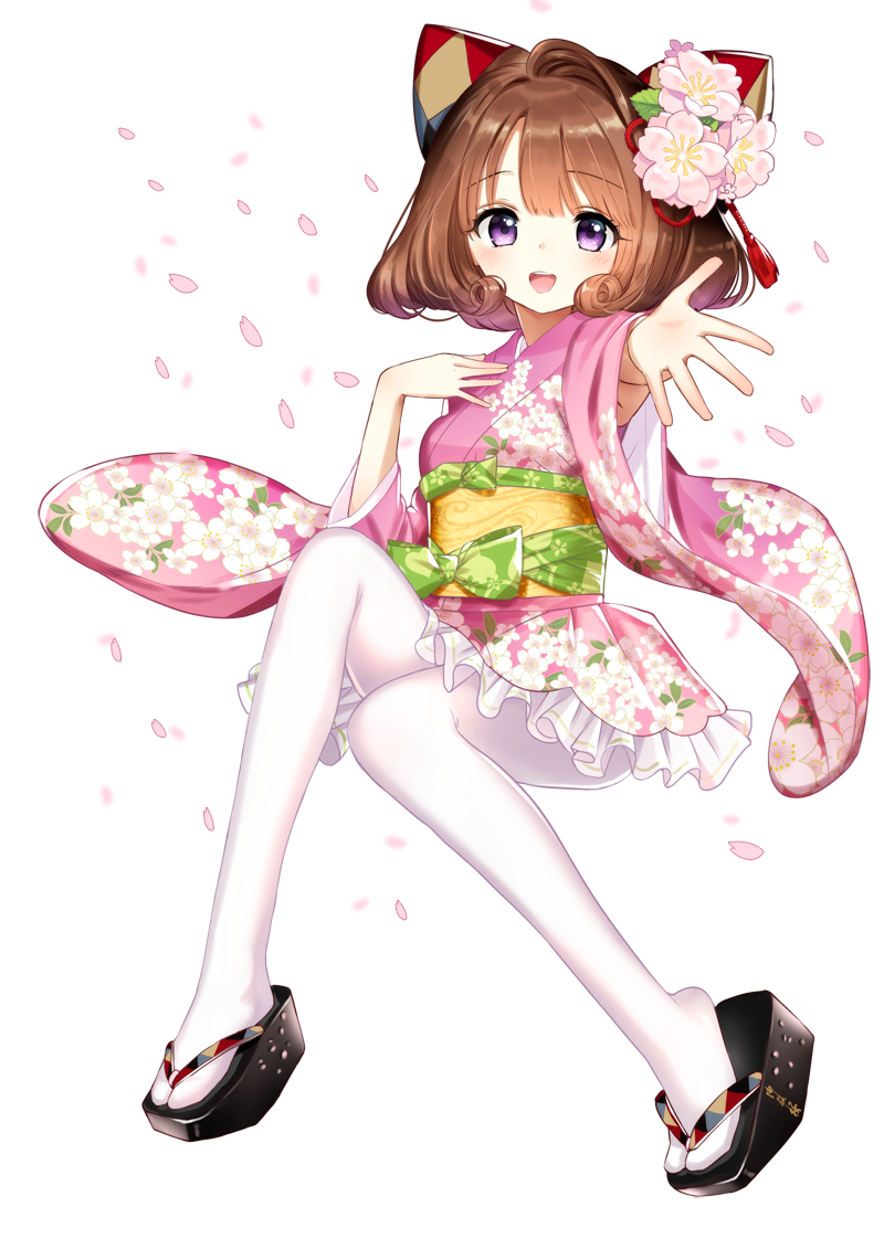 1girl alcohol blush brown_hair flower hair_flower hair_ornament japanese_clothes kimono open_mouth outstretched_arm outstretched_hand pantyhose platform_clogs sake sandals short_hair smile solo tabi tsukigami_runa violet_eyes white_legwear