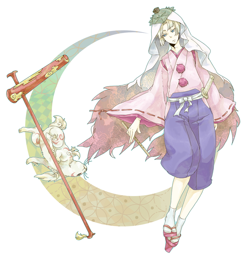 1boy blonde_hair blue_eyes blue_hakama geta hakama helmet japanese_clothes katana male_focus moon moon_rabbit ookami_(game) rabbit sandals shippou_(pattern) sword tabi tengu-geta ushiwakamaru usui_(sakuma187) weapon yumigami