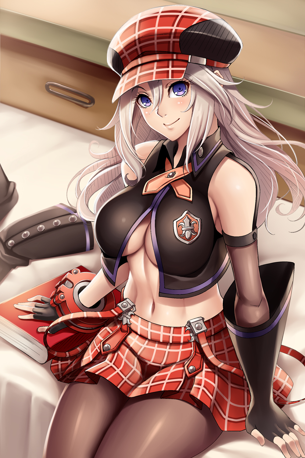 1girl alisa_ilinichina_amiella bare_shoulders black_boots black_legwear blonde_hair blue_eyes blush boots boots_removed breasts commentary_request elbow_gloves fingerless_gloves gloves god_eater god_eater:_resurrection hat highres large_breasts long_hair looking_at_viewer navel pantyhose silver_hair skirt smile solo suspenders thigh-highs thigh_boots under_boob watanuki_kaname