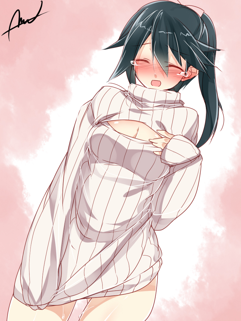1girl alternate_costume black_hair blush cleavage_cutout commentary commentary_request hair_ribbon houshou_(kantai_collection) kantai_collection long_hair meme_attire mtu_(orewamuzituda) open-chest_sweater open_mouth ponytail ribbed_sweater ribbon signature sweater tears turtleneck