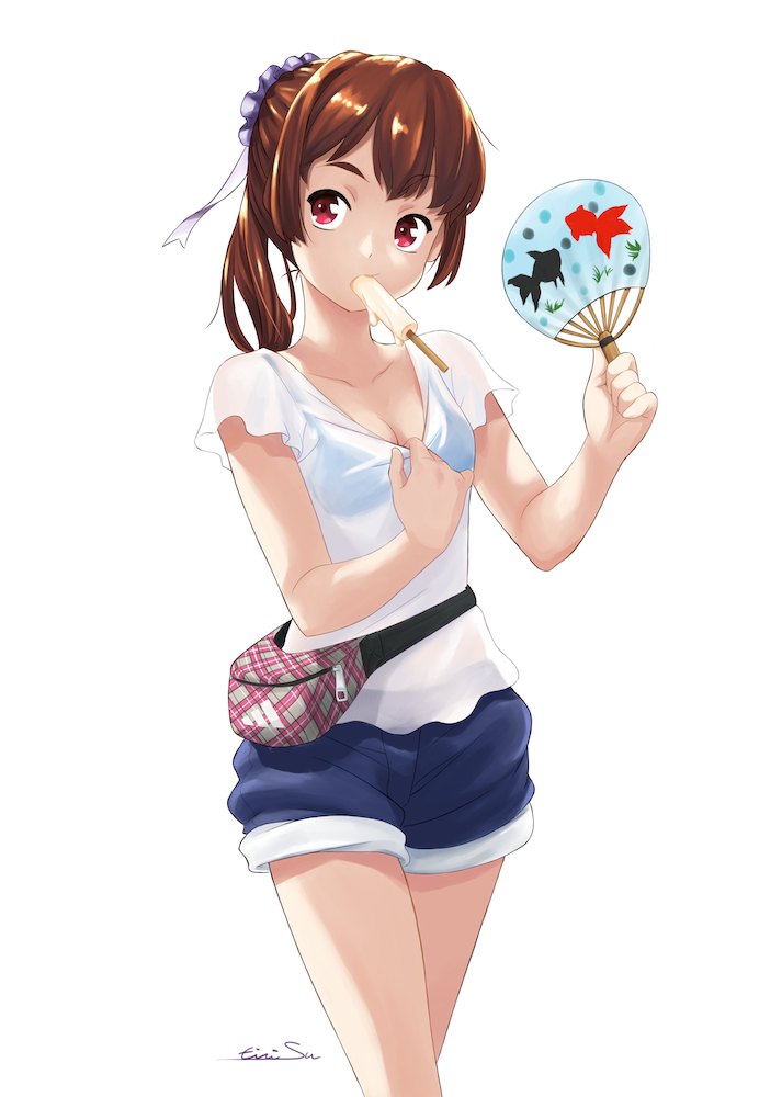 1girl animal_print artist_name blue_shorts bra breasts brown_hair cleavage collar_tug collarbone cowboy_shot eiri_su fan fanny_pack fish_print food goldfish_print head_tilt holding holding_fan looking_away mouth_hold original ponytail popsicle red_eyes see-through shirt short_sleeves shorts signature simple_background small_breasts solo underwear white_background white_shirt