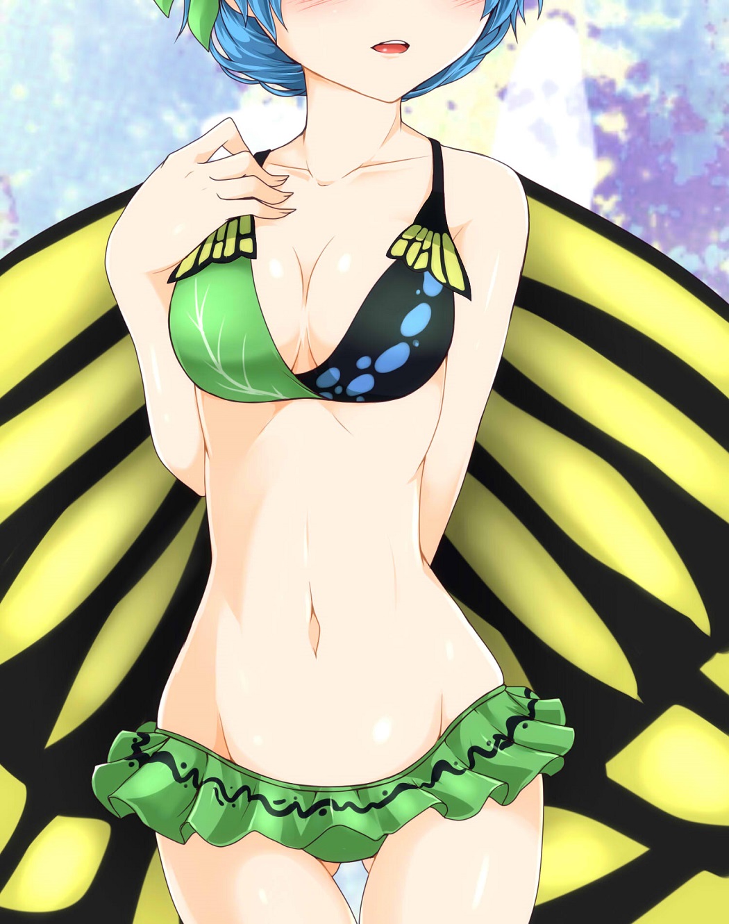 1girl adapted_costume bare_arms bare_shoulders bikini blue_hair blush breasts butterfly_wings cleavage collarbone cowboy_shot etarnity_larva frilled_bikini frills g_(desukingu) gluteal_fold groin hair_ornament head_out_of_frame highres leaf_hair_ornament medium_breasts navel parted_lips short_hair solo stomach swimsuit touhou wings