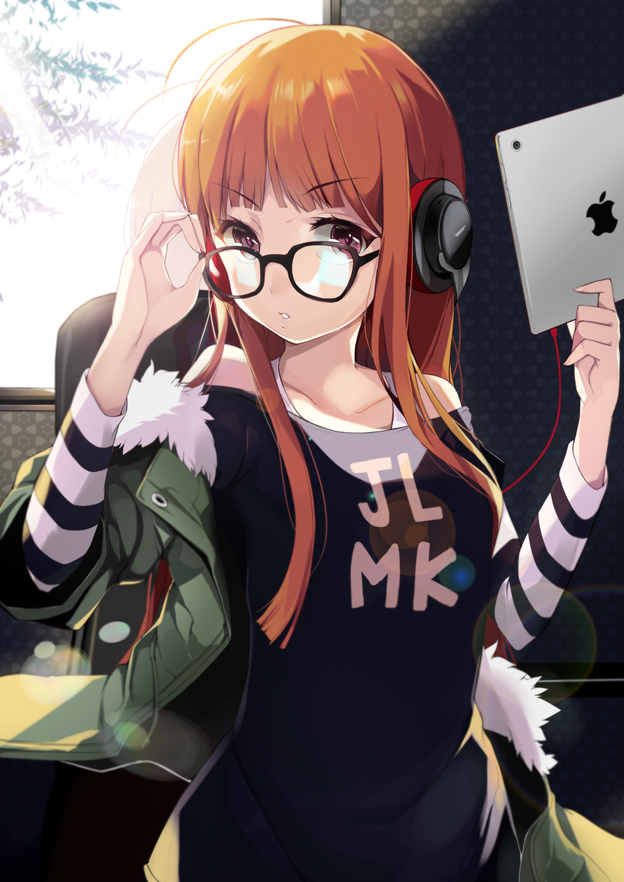 1girl adjusting_glasses ahoge apple_inc. black-framed_eyewear breasts eyebrows_visible_through_hair food fruit fur_trim glasses headphones highres indoors ipad jacket lens_flare long_hair looking_at_viewer off_shoulder orange_hair parted_lips persona persona_5 sakura_futaba sidelocks small_breasts solo striped tablet tablet_pc togo_(pixiv6587511) violet_eyes