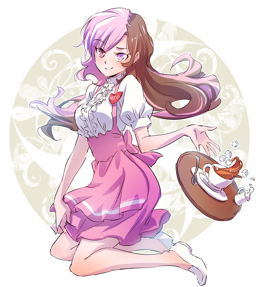 1girl anna_miller apron blouse brown_hair commentary cup frills heterochromia iesupa milk multicolored_hair name_tag neo_(rwby) pink_apron pink_eyes pink_hair pink_skirt rwby saucer skirt solo sugar_cube tea teacup tray violet_eyes waitress white_blouse