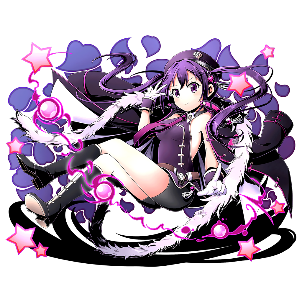 1girl black_boots black_cape black_shorts boots breasts cape divine_gate floating_hair full_body gloves gochuumon_wa_usagi_desu_ka? hat index_finger_raised invisible_chair kneehighs legs_crossed long_hair medium_breasts military_hat purple_hair purple_hat short_shorts shorts sitting sleeveless smile solo star tedeza_rize transparent_background twintails ucmm very_long_hair violet_eyes white_gloves wrist_cuffs