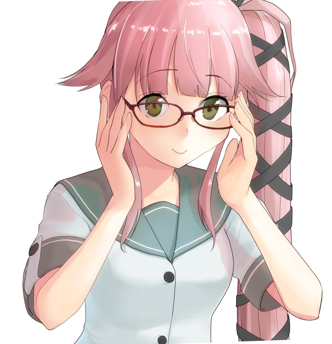 1girl adjusting_glasses bangs bespectacled bow breasts commentary_request glasses hair_bow hair_flaps hair_ornament kantai_collection lips long_hair looking_at_viewer masukuza_j medium_breasts pink_hair red-framed_eyewear school_uniform serafuku side_ponytail sidelocks smile upper_body yura_(kantai_collection)