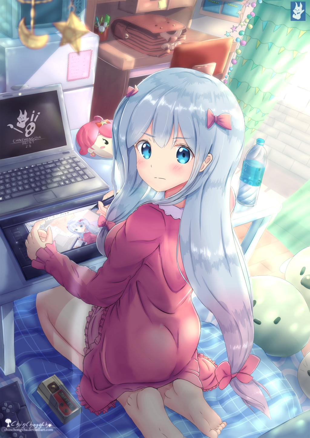 &gt;:( 1girl artist_name backpack bag bangs barefoot blue_eyes blush bottle bow breasts camera chair chinchongcha closed_mouth computer controller crescent cup curtains day drawing drawing_tablet dualshock eromanga_sensei from_behind game_controller gamepad gradient_hair hair_bow highres indoors izumi_sagiri laptop light_rays long_hair long_sleeves looking_back low-tied_long_hair mask microwave multicolored_hair pajamas pen pillow pink_bow pink_hair randoseru refrigerator seiza shiny shiny_hair silver_hair sitting small_breasts solo star stuffed_toy stylus sunbeam sunlight table very_long_hair water_bottle watermark web_address window