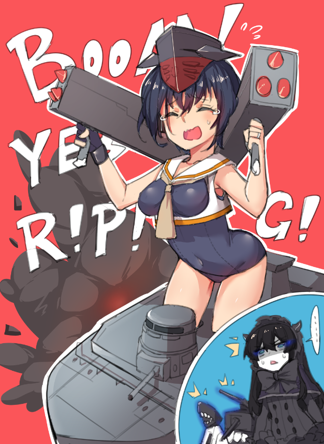 asymmetrical_hair black_hair blush breasts character_request closed_eyes commentary_request framed_breasts gloves hair_between_eyes hat headphones holding holding_weapon i-13_(kantai_collection) kantai_collection military open_mouth partly_fingerless_gloves sailor_collar school_swimsuit short_hair single_glove smile special_type_2_launch_ka-mi swimsuit weapon wulazula
