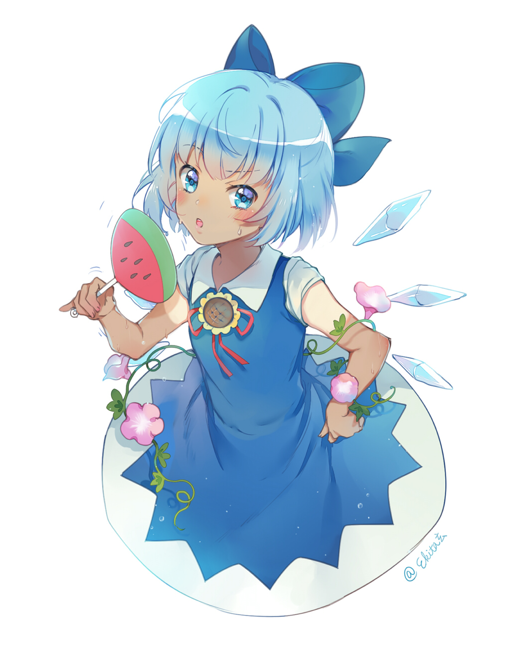 blouse blue_dress blue_eyes blue_hair blue_ribbon bow cirno dress dress_shirt ekira_nieto fan flower food_print hair_bow hair_flower hair_ornament hidden_star_in_four_seasons highres hot ice ice_wings paper_fan plant puffy_short_sleeves puffy_sleeves red_bow red_ribbon ribbon shirt short_hair short_sleeves sketch sunflower sunflower_hair_ornament tan tanline tanned_cirno touhou twitter_username uchiwa vines watermelon_print white_blouse white_shirt wings