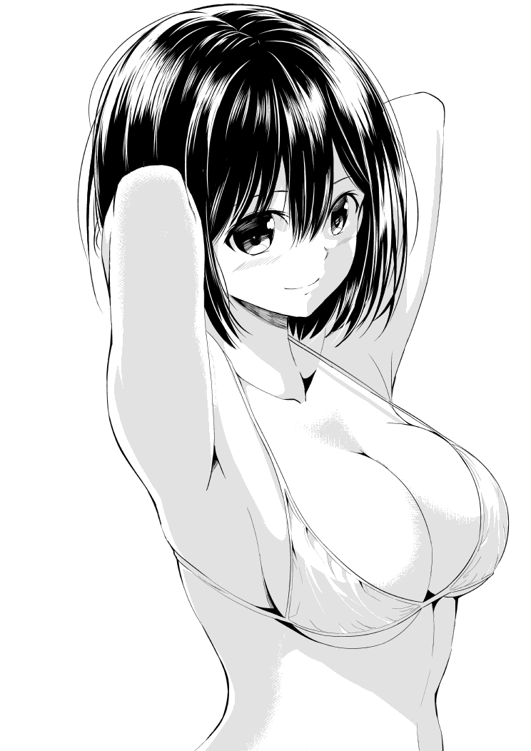 1girl armpits arms_behind_head arms_up attsun_(atsushi_jb) bangs bikini black_hair blush breasts cleavage closed_mouth hair_between_eyes large_breasts long_hair looking_at_viewer monogatari_(series) original simple_background smile solo strap_gap swimsuit under_boob upper_body white_background