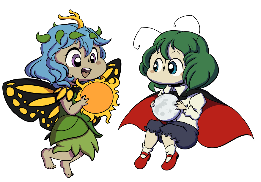 2girls antennae aqua_eyes blue_hair blush_stickers butterfly_wings cape dress etarnity_larva green_dress green_hair hair_between_eyes hair_ornament holding leaf_hair_ornament long_sleeves moon multiple_girls no_mouth open_mouth robin_(unlimited_world) shirt short_hair shorts sun touhou violet_eyes white_shirt wings wriggle_nightbug