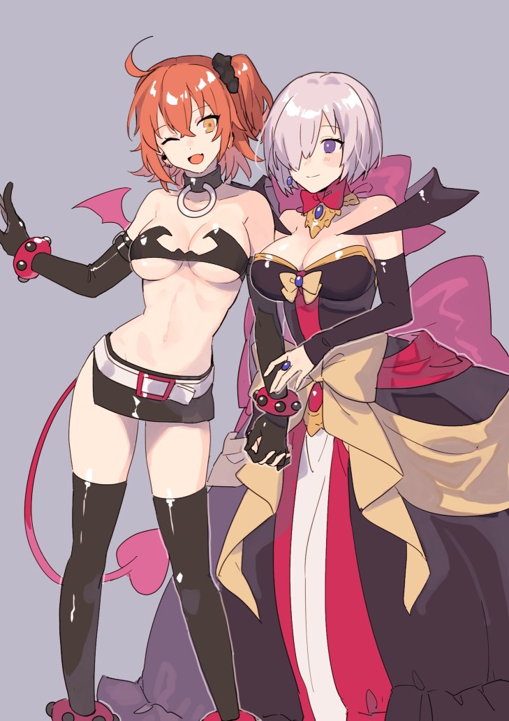 2girls 884 ;d ahoge anklet bandeau black_gloves black_legwear bow bracelet breasts brooch choker cosplay demon_tail demon_wings detached_collar detached_sleeves disgaea dress earrings elbow_gloves etna etna_(cosplay) fate/grand_order fate_(series) fujimaru_ritsuka_(female) gloves hair_ornament hair_over_one_eye hair_scrunchie hand_holding heart heart_tail interlocked_fingers jewelry large_breasts makai_senki_disgaea makai_senki_disgaea_2 midriff miniskirt multiple_girls navel one_eye_closed one_side_up open_mouth orange_hair purple_hair ring rozalin rozalin_(cosplay) scrunchie shielder_(fate/grand_order) short_hair side_ponytail skirt smile strapless tail thigh-highs tubetop violet_eyes wings yellow_eyes