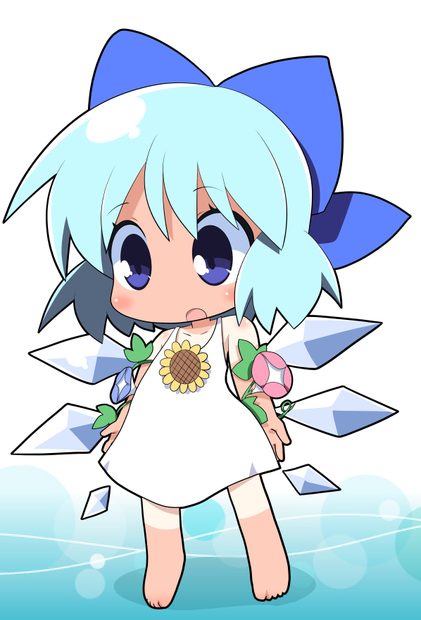 1girl barefoot blue_eyes blue_hair blue_ribbon bow chibi cirno dress flower hair_bow hair_flower hair_ornament hidden_star_in_four_seasons ice ice_wings osaragi_mitama plant ribbon short_hair solo sundress sunflower tan tanline tanned_cirno touhou vines wings