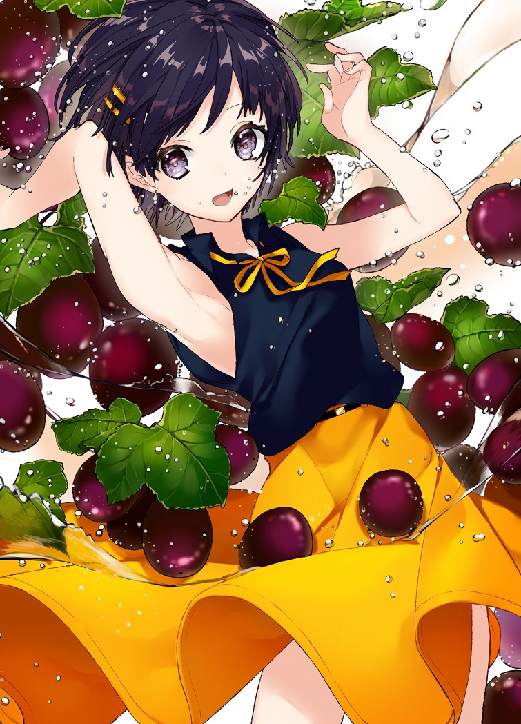 1girl armpits arms_up belt black_hair blonde_hair bubble commentary_request food fruit grapes hair_ornament hairclip leaf neck_ribbon open_mouth original purple_hair ribbon short_hair skirt sleeveless sogawa66 solo violet_eyes water yellow_skirt