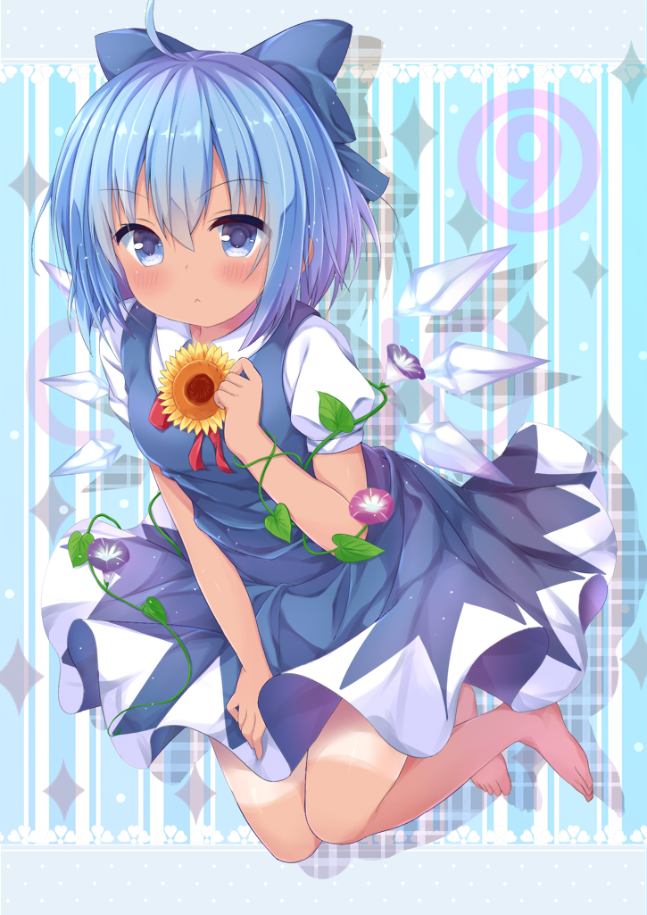 (9) 1girl blouse blue_dress blue_eyes blue_hair blue_ribbon bow cirno dress dress_shirt flower hair_bow hair_flower hair_ornament hidden_star_in_four_seasons ice ice_wings jan_(janpx2012) plant puffy_short_sleeves puffy_sleeves red_bow red_ribbon ribbon shirt short_hair short_sleeves sunflower sunflower_hair_ornament tan tanned_cirno touhou vines white_blouse white_shirt wings