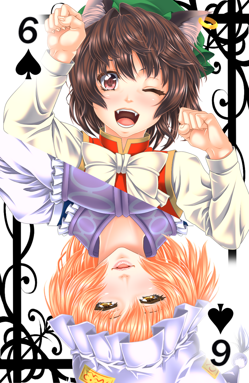2girls ;d animal_ears bangs blush bow bowtie brown_eyes brown_hair card cat_ears chen fangs hands_in_sleeves hat highres jewelry long_sleeves looking_at_viewer mob_cap multiple_girls one_eye_closed open_mouth orange_hair parted_lips paw_pose pillow_hat playing_card single_earring smile touhou upper_body upside-down white_bow white_bowtie yakumo_ran yellow_eyes yoiti