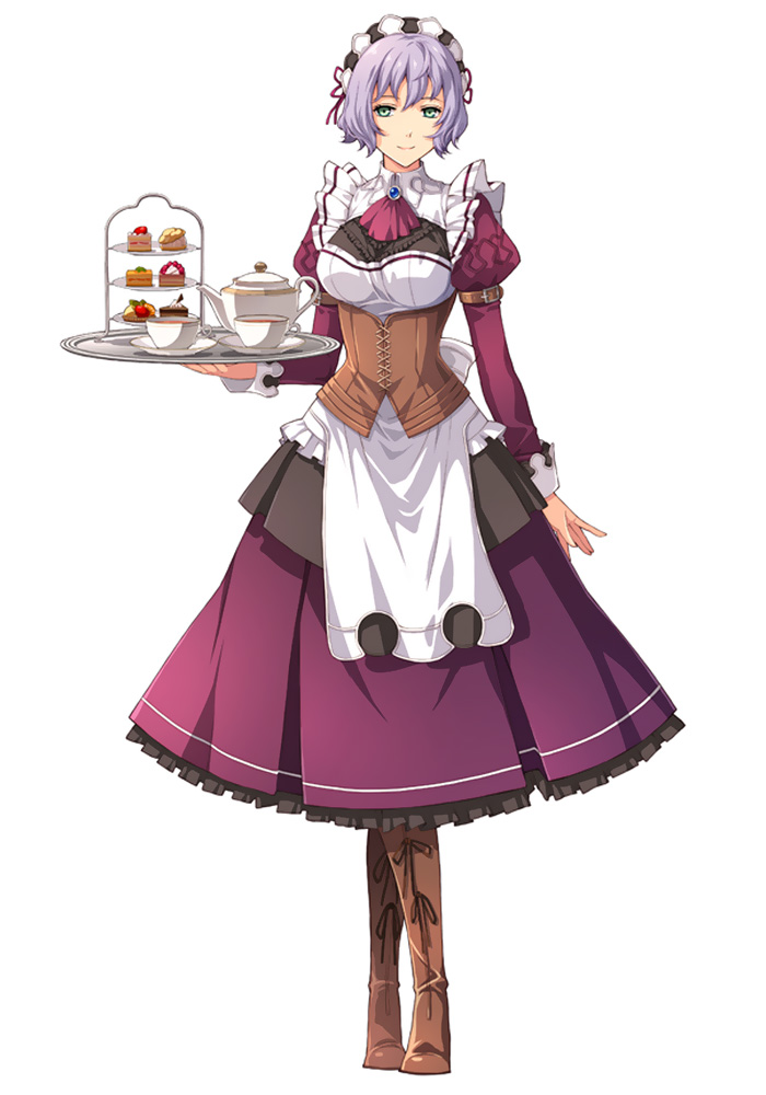 1girl apron artist_request boots breasts corset cup detached_sleeves dress eiyuu_densetsu food full_body green_eyes holding juliet_sleeves knee_boots long_sleeves looking_at_viewer maid maid_apron maid_headdress medium_breasts official_art pastry puffy_sleeves purple_hair sharon_kruger simple_background smile solo standing teacup teapot tray