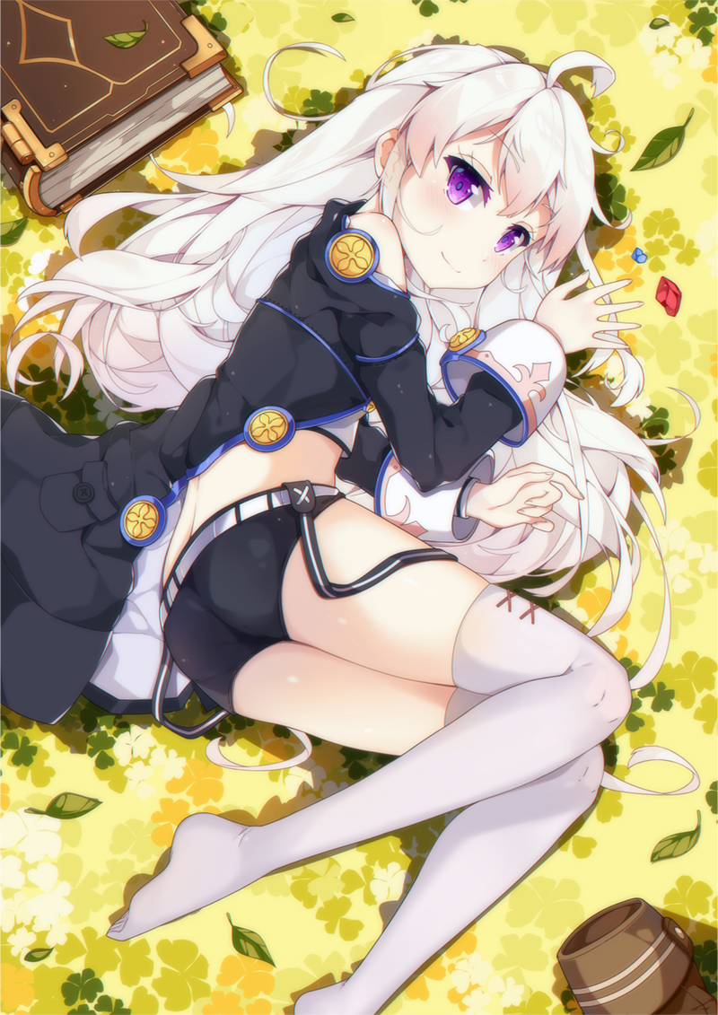 1girl ahoge ass blonde_hair book boots boots_removed coat commentary_request dango_remi leaf long_hair looking_at_viewer lying off_shoulder on_side shoes_removed short_shorts shorts smile solo thigh-highs violet_eyes white_hair white_legwear zero_(zero_kara_hajimeru_mahou_no_sho) zero_kara_hajimeru_mahou_no_sho