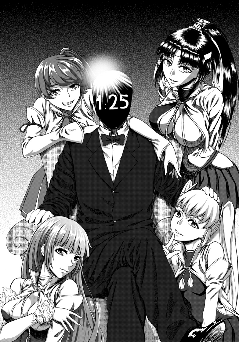 1boy 4girls armchair atago_(zhan_jian_shao_nyu) bangs bare_shoulders bow bowtie breasts chair choukai_(zhan_jian_shao_nyu) cleavage cleavage_cutout dated detached_sleeves faceless faceless_male finger_to_mouth formal greyscale hand_on_another's_head hand_on_another's_shoulder legs_crossed long_hair looking_at_viewer maya_(zhan_jian_shao_nyu) medium_breasts miniskirt monochrome multiple_girls parted_lips ponytail sitting skirt smie smile suit takao_(zhan_jian_shao_nyu) twintails very_long_hair xiexilai zhan_jian_shao_nyu