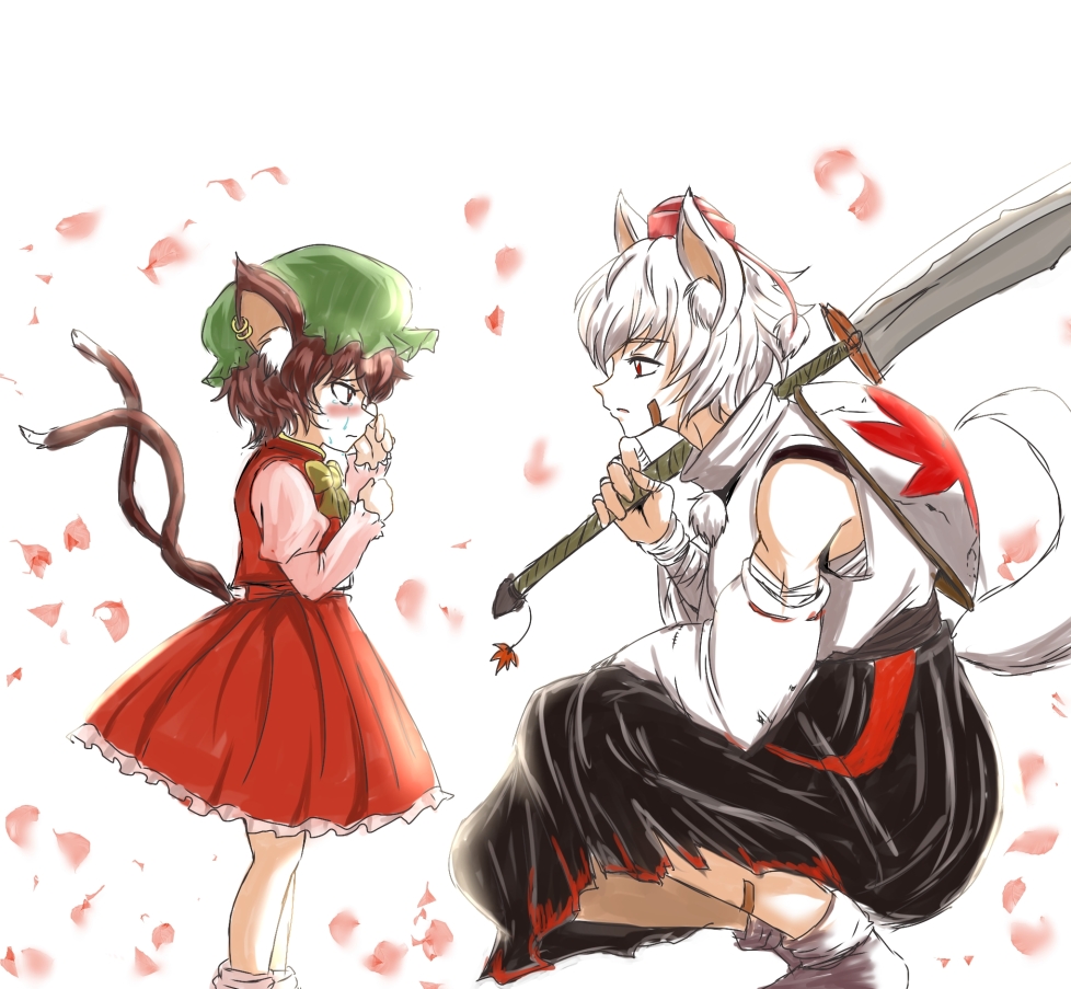 2girls animal_ears bandaged_arm bandaid bandaid_on_face bangs bare_shoulders black_skirt blush bow bowtie brown_eyes brown_hair cat_ears cat_tail chen crying crying_with_eyes_open detached_sleeves dress from_side futagojima hat holding holding_sword holding_weapon inubashiri_momiji jewelry juliet_sleeves long_sleeves looking_at_another mob_cap multiple_girls multiple_tails nose_blush over_shoulder petals profile puffy_sleeves red_dress red_eyes sarashi shield shirt single_earring skirt sleeveless sleeveless_shirt squatting sword tail tears tokin_hat touhou two_tails weapon weapon_over_shoulder white_hair white_shirt wolf_ears wolf_tail yellow_bow yellow_bowtie