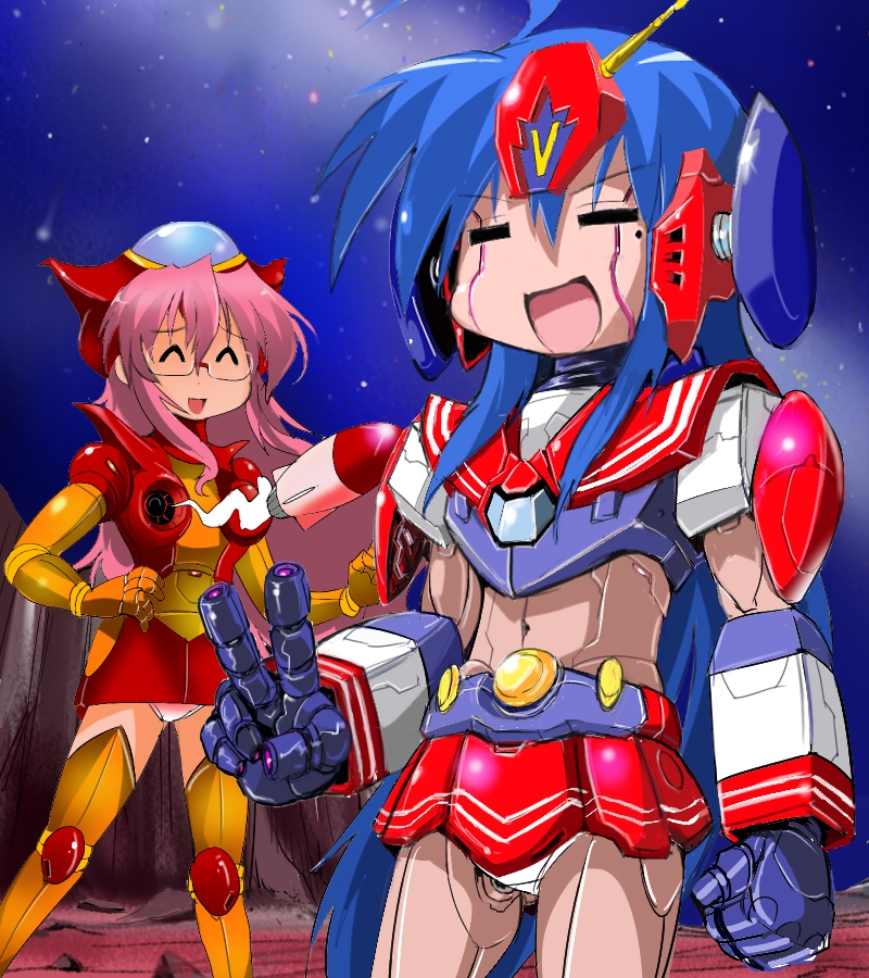 2girls aphrodite_a breast_missiles choudenji_robo_combattler_v combattler_v_(robot) crossover firing glasses izumi_konata lucky_star mazinger_z mecha miniskirt missile mole multiple_girls otaku panties pantyshot parody robot rocket_launcher school_uniform science_fiction serafuku skirt style_parody super_robot t2 takara_miyuki underwear v weapon