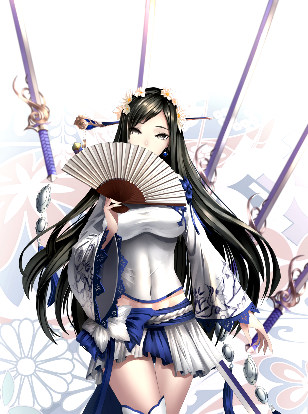 1girl belly_peek black_eyes black_hair blade_&amp;_soul breasts chinese_clothes covered_navel covering_mouth cowboy_shot earrings fan flower folding_fan groin hair_flower hair_ornament hair_stick highres holding holding_fan impossible_clothes impossible_shirt jewelry large_breasts limeblock long_hair long_sleeves looking_at_viewer miniskirt shirt single_thighhigh skirt solo straight_hair sword thigh-highs thigh_gap very_long_hair weapon white_legwear white_skirt wide_sleeves