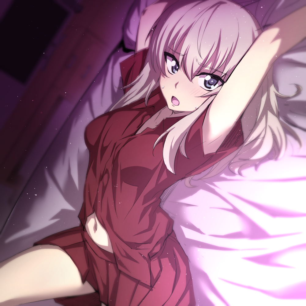 1girl :o armpit_peek arms_up bangs belly_peek blue_eyes blush breasts dutch_angle girls_und_panzer itsumi_erika looking_at_viewer lying medium_breasts nakahira_guy navel on_back on_bed open_mouth red_shirt red_skirt shirt sidelocks silver_hair skirt solo