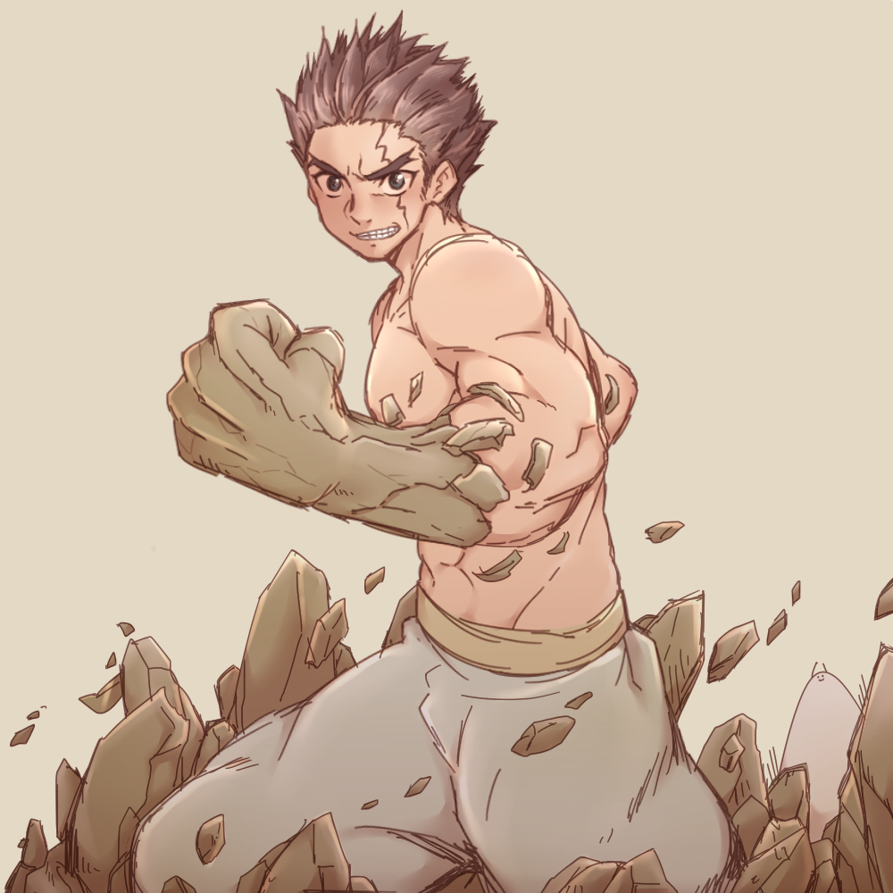 1boy black_eyes brown_hair clenched_hand clenched_teeth cowboy_shot dr._stone eyebrows fighting_stance hachikou_nameko male_focus muscle ooki_taiju pants petrification scar shirtless short_hair simple_background solo tan_background teeth