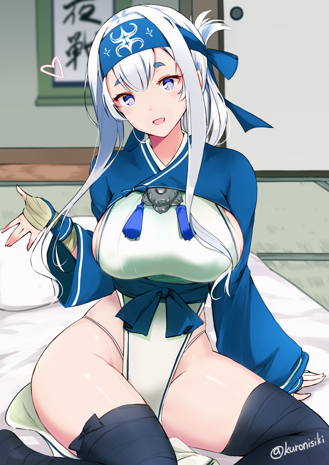 1girl ainu_clothes bandage bandanna black_legwear blue_eyes breasts cropped_jacket dress futon hairband headband heart_shape kamoi_(kantai_collection) kantai_collection large_breasts long_hair long_sleeves looking_at_viewer open_mouth ribbon sideboob sidelocks sitting smile solo takaharu tatami thick_eyebrows thigh-highs underwear white_dress white_hair wrist_guards