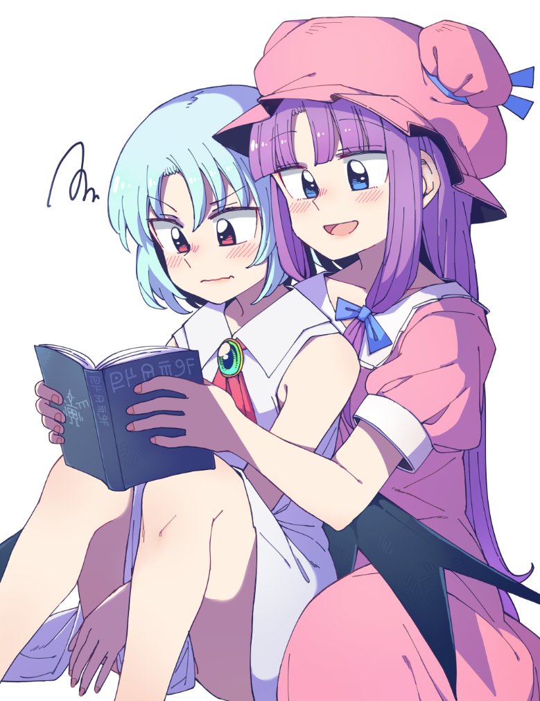 2girls :d anarogumaaa ascot bangs bat_wings black_wings blue_bow blue_eyes blue_hair blue_ribbon blunt_bangs book bow brooch commentary_request double_bun dress eyebrows_visible_through_hair hair_bow hair_ribbon hat hat_ribbon jewelry knees_up long_hair multiple_girls open_mouth patchouli_knowledge pink_dress pink_hat puffy_short_sleeves puffy_sleeves purple_hair red_ascot red_eyes remilia_scarlet ribbon short_sleeves simple_background sitting sleeveless sleeveless_dress smile squiggle touhou tress_ribbon tsurime very_long_hair white_background white_dress wings