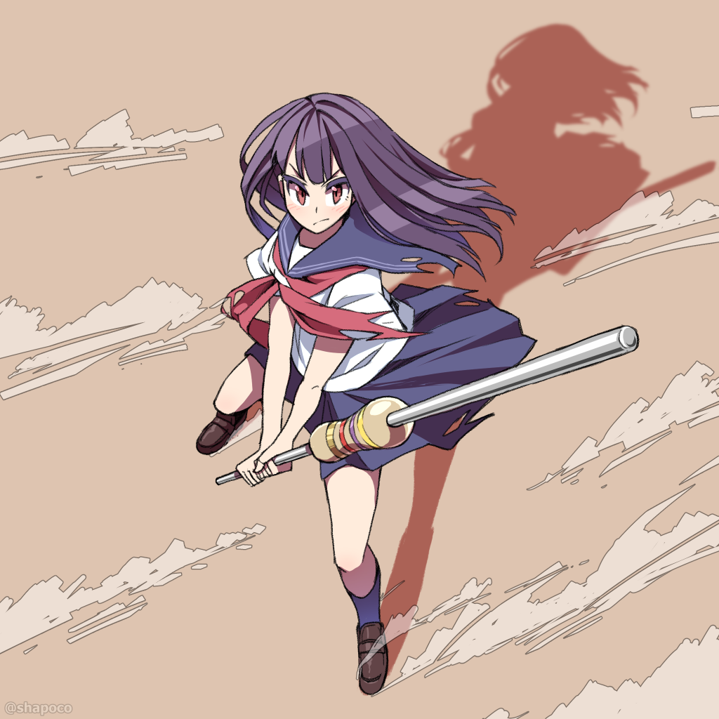 1girl artist_name bangs black_legwear blue_skirt brown_shoes closed_mouth commentary_request fighting_stance from_above full_body holding kneehighs light_brown_background long_hair looking_at_viewer neckerchief original oversized_object pleated_skirt purple_hair red_eyes red_neckerchief resistor school_uniform serafuku serious shadow shoes signature simple_background skirt solo standing syego torn_clothes twitter_username uwabaki watermark wind