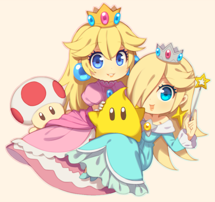 1boy 2girls bare_shoulders blonde_hair blue_eyes blush chibi chiko_(mario) crown dress earrings hair_over_one_eye jewelry long_hair looking_at_viewer super_mario_bros. multiple_girls princess_peach rosetta_(mario) smile star super_mario_bros. super_mario_galaxy super_smash_bros. toad wand wusagi2