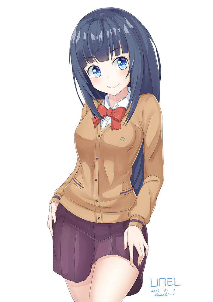 1girl artist_name bangs black_hair blue_eyes bow cardigan eromanga_sensei eyebrows_visible_through_hair long_hair looking_at_viewer miniskirt pleated_skirt school_uniform skirt smile takasago_tomoe unel1211