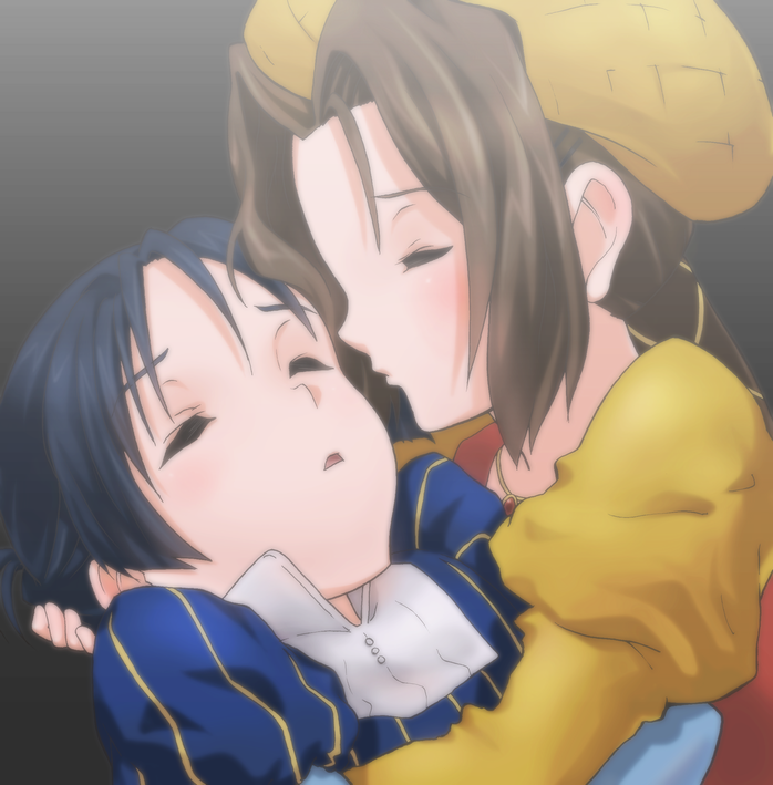 2girls akiyama_mio black_hair brown_hair closed_eyes cosplay juliet_capulet juliet_capulet_(cosplay) k-on! kiss landolt_tamaki multiple_girls romeo_and_juliet romeo_montague romeo_montague_(cosplay) tainaka_ritsu yuri