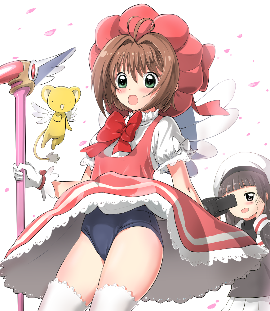 2girls blush bow brown_eyes brown_hair buruma camcorder card_captor_sakura daidouji_tomoyo dress fuuin_no_tsue gloves green_eyes hand_on_own_cheek hat kero kinomoto_sakura long_hair magical_girl multiple_girls mushi_gyouza open_mouth petals pink_hat revision school_uniform serafuku short_hair skirt skirt_lift thigh-highs wand white_background white_gloves white_legwear wind wind_lift wings