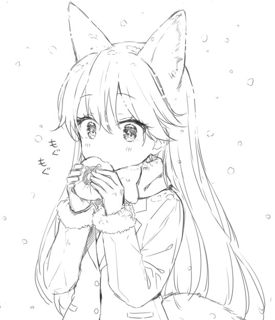 1girl :&gt; animal_ears blazer blush bow bowtie buttons eating extra_ears eyebrows_visible_through_hair eyelashes ezo_red_fox_(kemono_friends) food food_in_mouth fox_ears fox_tail fur-trimmed_sleeves fur_trim gloves hair_between_eyes hiten_goane_ryu holding holding_food jacket japari_bun kemono_friends lineart long_hair long_sleeves looking_at_viewer monochrome necktie no_nose onomatopoeia outdoors pocket raised_eyebrows snow snowing solo tail tsurime upper_body white_background