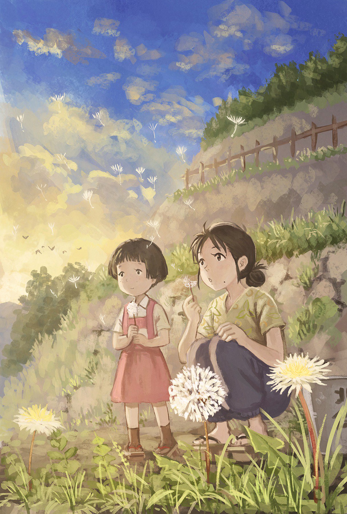 2girls age_difference anbe_yoshirou black_legwear blowing blue_pants blue_sky brown_eyes brown_hair chestnut_mouth closed_mouth clouds cloudy_sky collared_shirt commentary_request dandelion dirt dress fence flower grass green_shirt hair_bun hands_together height_difference highres looking_afar mountain multiple_girls outdoors pants pink_dress sandals shirt short_hair short_sleeves sky socks squatting standing sunlight undershirt white_shirt wing_collar