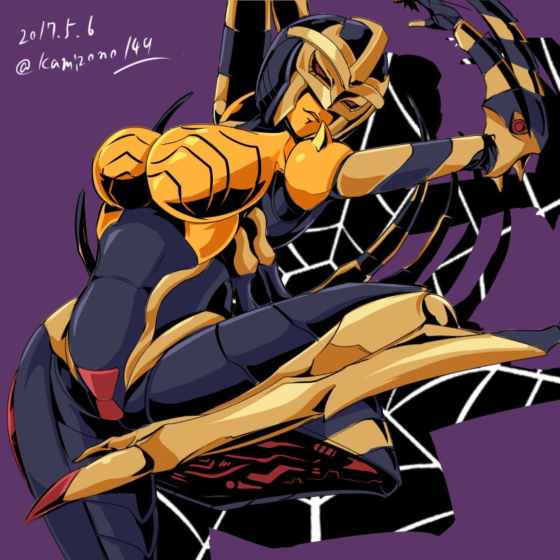 1girl 90s artist_name beast_wars blackarachnia breasts full_body high_heels insect_girl kamizono_(spookyhouse) large_breasts machine machinery maximal mecha no_humans oldschool open_mouth personification predacon purple_background red_eyes robot silk smile solo spider spider_girl spider_web transformers twitter_username