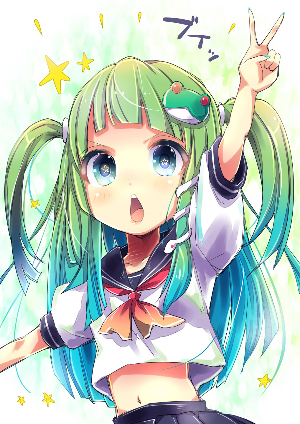 1girl alternate_costume alternate_hairstyle collarbone crop_top frog_hair_ornament gradient_hair green_eyes hair_ornament hair_tubes highres kochiya_sanae long_hair midriff multicolored_hair navel neckerchief open_mouth school_uniform serafuku short_sleeves snake_hair_ornament solo star star-shaped_pupils symbol-shaped_pupils touhou twintails uniform uta_(kuroneko) v