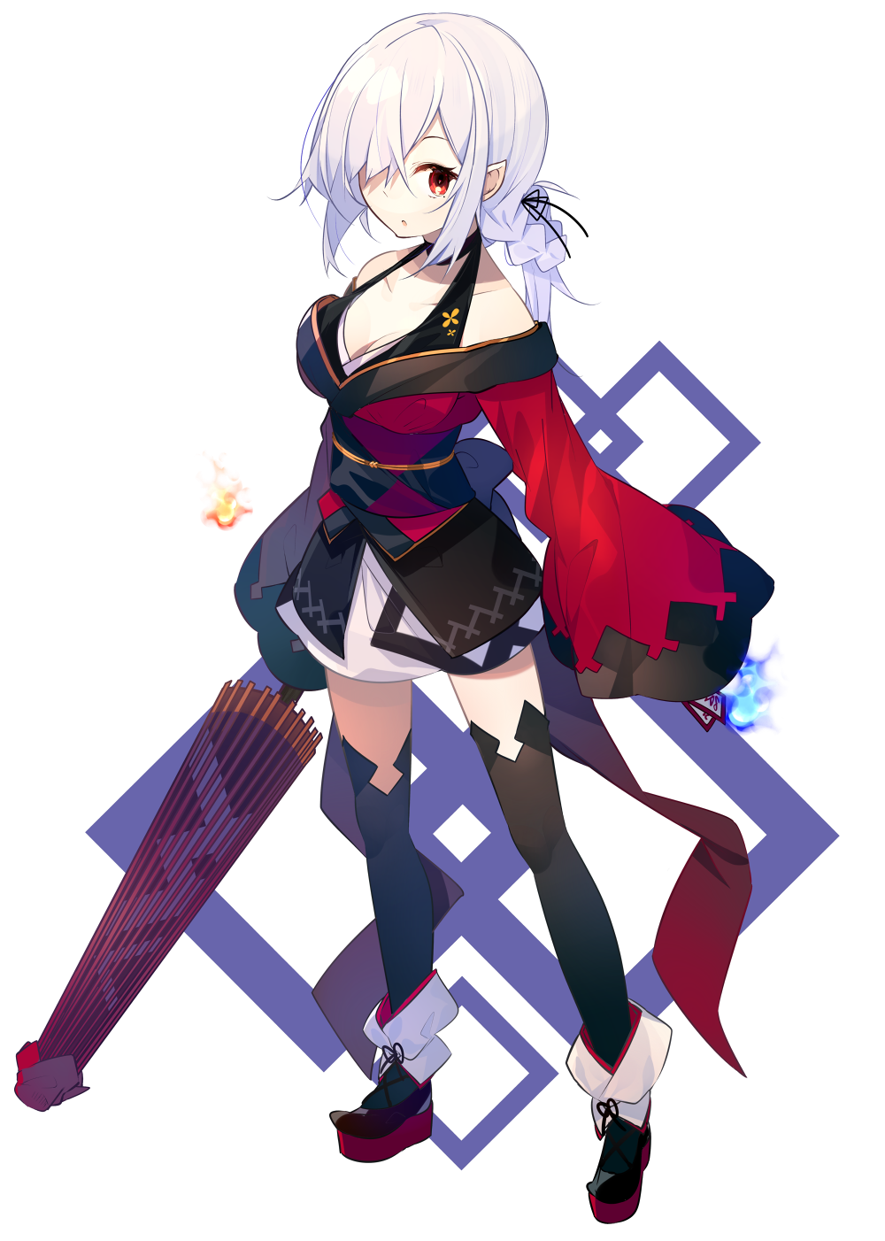 1girl bangs black_kimono black_legwear blue_fire boots breasts closed_umbrella collarbone doumeki-chan_(nmaaaaa) fire full_body hair_over_one_eye highres holding holding_umbrella japanese_clothes kimono kimono_pull large_breasts long_hair looking_at_viewer multicolored multicolored_clothes multicolored_kimono nmaaaaa obi oriental_umbrella original parted_lips pointy_ears red_eyes red_kimono sash short_kimono sidelocks silver_hair solo standing thigh-highs umbrella white_background white_hair zettai_ryouiki