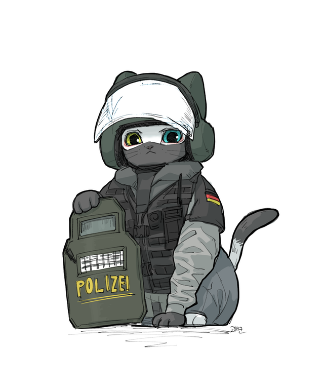 blitz_(rainbow_six_siege) bulletproof_vest cat golaegun gsg_9 rainbow_six rainbow_six_siege riot_shield walkie-talkie