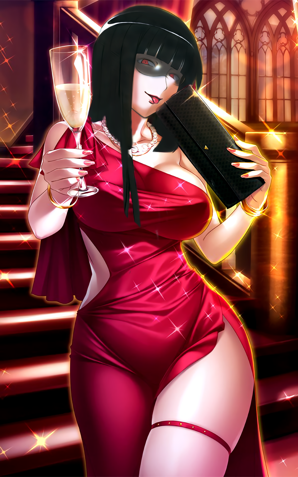 1girl :p alcohol amelia_l_falcon asymmetrical_clothes bag black_hair bracelet breasts champagne champagne_flute cowboy_shot cup derivative_work dress drinking_glass fingernails handbag highres hime_cut jewelry large_breasts long_fingernails long_hair looking_at_viewer mee_(meemeeshion) nail_polish necklace no_bra pearl_necklace photoshop red_dress red_eyes side_slit single_strap skindentation sky_love snk solo sparkle stairs sunglasses taimanin_(series) taut_clothes taut_dress thigh_strap tongue tongue_out