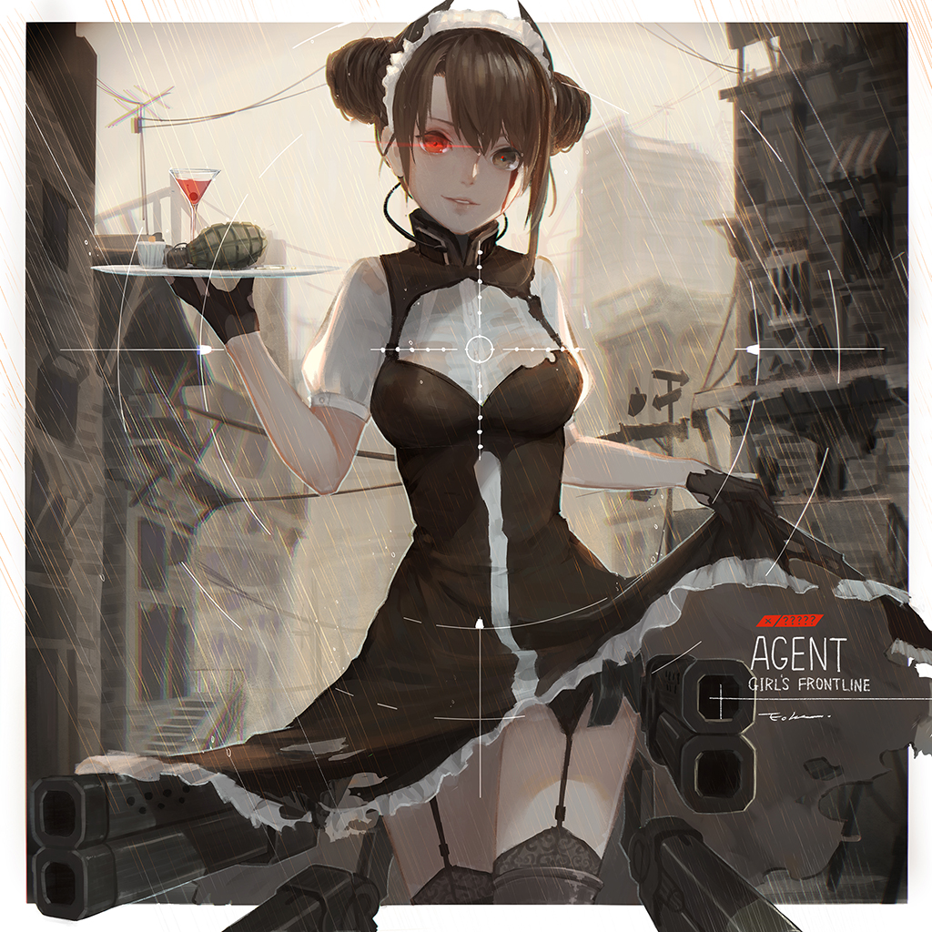 1girl agent_(girls_frontline) black_hair black_legwear building character_name cityscape copyright_name double_bun dress dress_lift echosdoodle explosive garter_straps girls_frontline gloves grenade looking_at_viewer maid maid_headdress signature smile solo thigh-highs weapon
