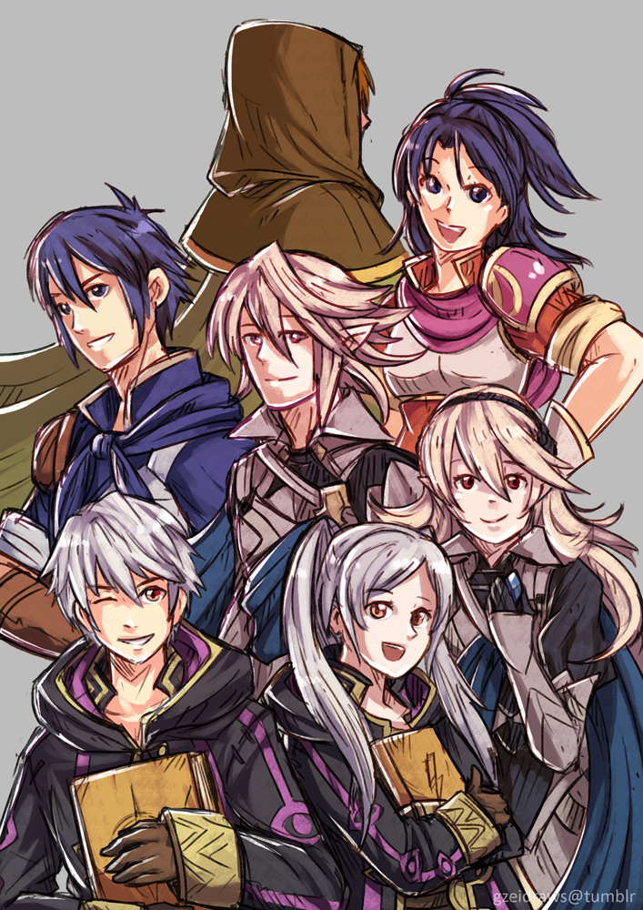 3girls 4boys armor blue_eyes blue_hair brother_and_sister cape cloak female_my_unit_(fire_emblem:_kakusei) female_my_unit_(fire_emblem:_shin_monshou_no_nazo) female_my_unit_(fire_emblem_if) fire_emblem fire_emblem:_kakusei fire_emblem:_rekka_no_ken fire_emblem_heroes fire_emblem_if genderswap grin gzei intelligent_systems kamui_(fire_emblem) kris_(fire_emblem) kris_(fire_emblem)_(female) kris_(fire_emblem)_(male) laughing light_smile looking_at_viewer male_my_unit_(fire_emblem:_kakusei) male_my_unit_(fire_emblem:_shin_monshou_no_nazo) male_my_unit_(fire_emblem_if) multiple_boys my_unit_(fire_emblem:_kakusei) my_unit_(fire_emblem:_shin_monshou_no_nazo) my_unit_(fire_emblem_if) nintendo parted_lips pointy_ears red_eyes reflet siblings silver_hair smile smirk super_smash_bros. tactician_(fire_emblem) teeth