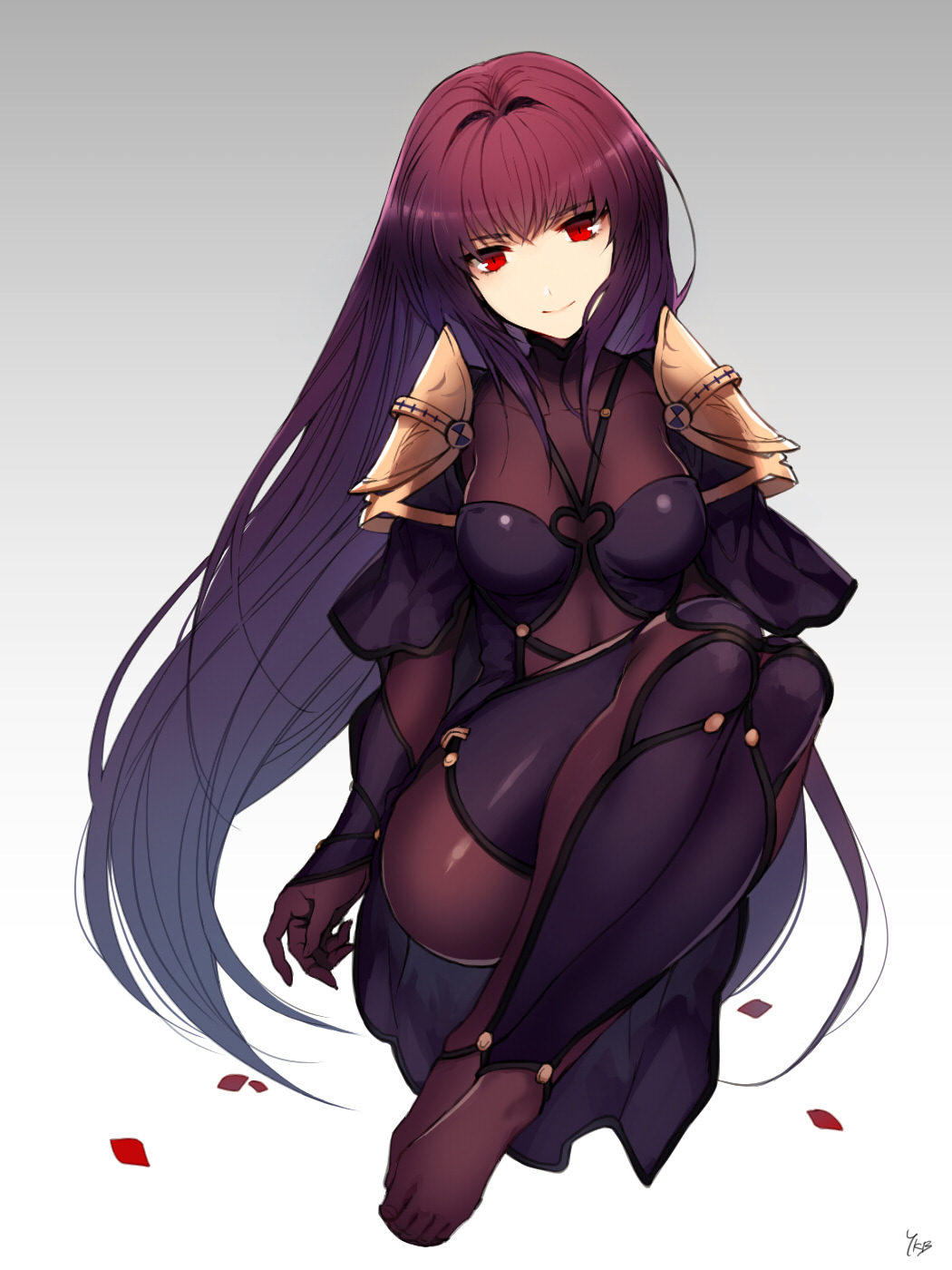 1girl armor bodysuit commentary_request covered_navel fate/grand_order fate_(series) highres legs long_hair looking_at_viewer pauldrons petals purple_bodysuit purple_hair red_eyes scathach_(fate/grand_order) shiny shiny_clothes shoulder_armor smile solo toes veil very_long_hair yukibi_(ykb)
