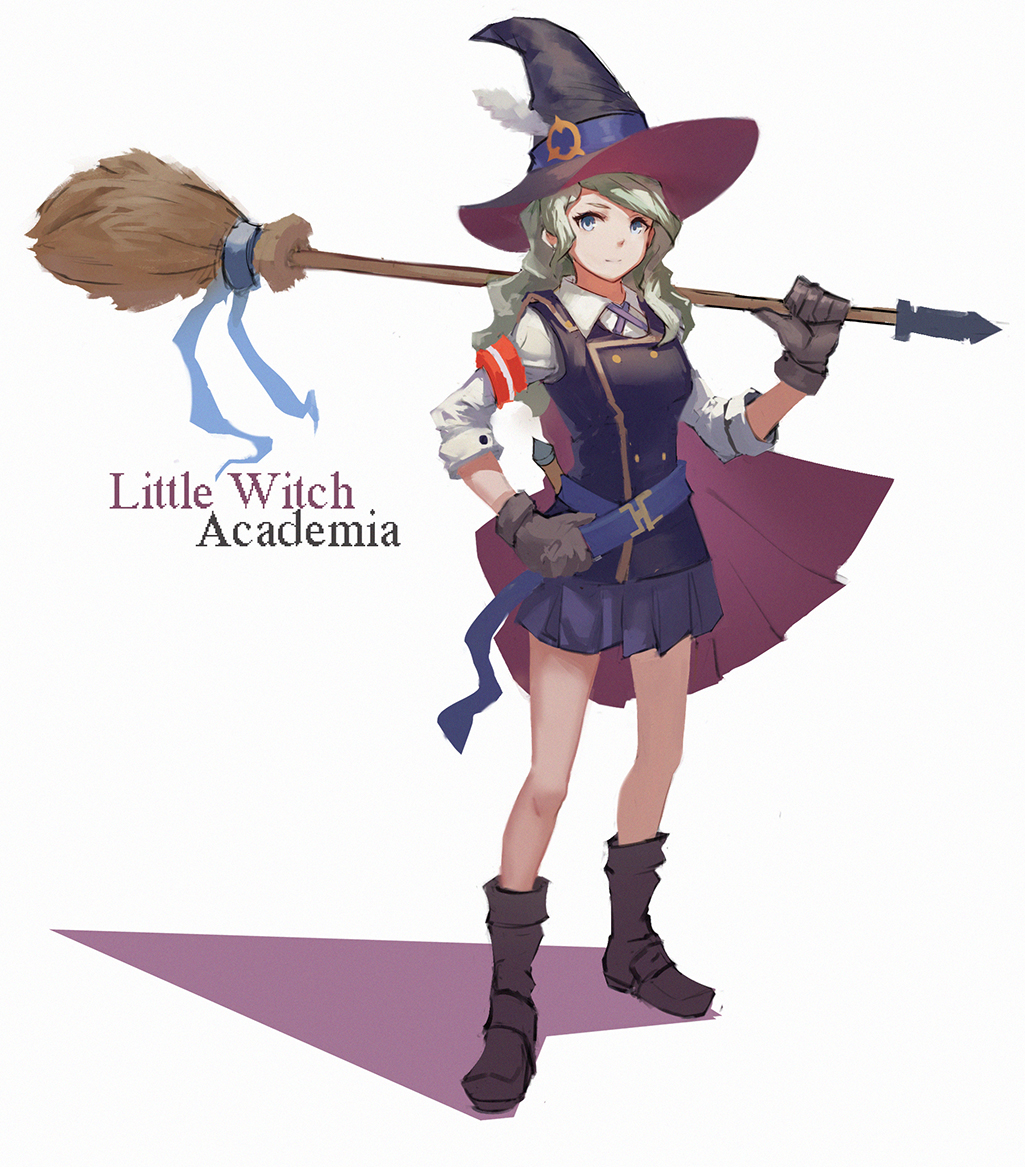 1girl blue_eyes boots broom copyright_name diana_cavendish doren green_hair hat little_witch_academia long_hair school_uniform simple_background solo witch witch_hat