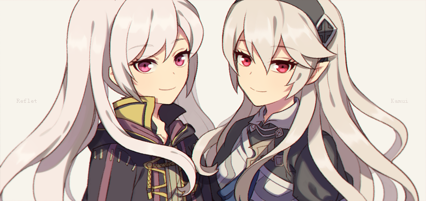 2girls armor cape character_name cute dragon_girl elf female_my_unit_(fire_emblem:_kakusei) female_my_unit_(fire_emblem_if) fire_emblem fire_emblem:_kakusei fire_emblem_heroes fire_emblem_if hairband human intelligent_systems kamui_(fire_emblem) long_hair looking_at_viewer multiple_girls my_unit_(fire_emblem:_kakusei) my_unit_(fire_emblem_if) nintendo pointy_ears red_eyes reflet robe smile super_smash_bros. super_smash_bros_for_wii_u_and_3ds twintails white_hair wusagi2