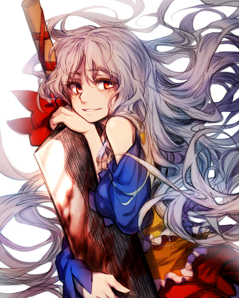 1girl bare_shoulders blood detached_sleeves dress highres long_hair looking_at_viewer multicolored multicolored_clothes multicolored_dress orange_dress red_dress red_eyes red_ribbon ribbon sakata_nemuno silver_hair simple_background smile solo sword touhou very_long_hair wavy_hair weapon white_background yellow_dress yudaoshan