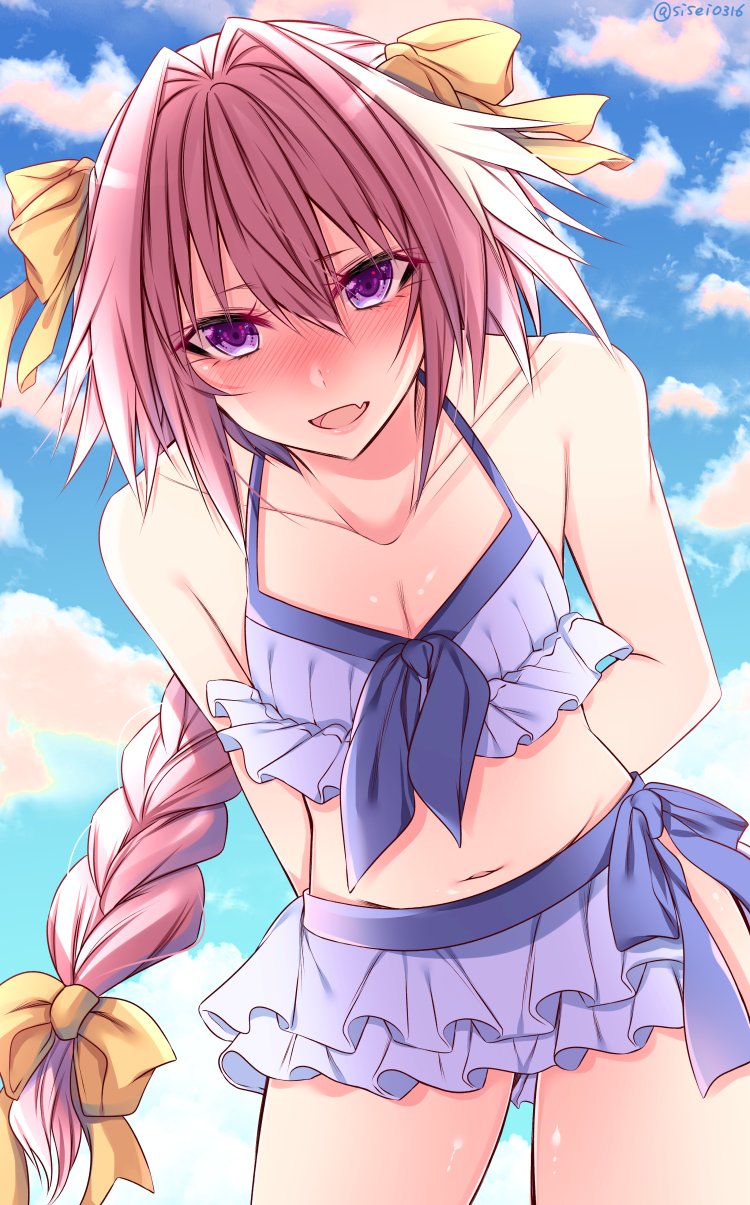 1boy :d arms_behind_back bare_arms bare_shoulders bent_over bikini blue_sky blush bow braid clouds collarbone cowboy_shot day fang fate/apocrypha fate/grand_order fate_(series) from_below full-face_blush hair_between_eyes hair_bow hair_intakes highres layered_bikini legs_apart long_hair looking_at_viewer looking_down low-tied_long_hair multicolored_hair navel open_mouth orange_bow outdoors pink_hair purple_bikini purple_ribbon ribbon rider_of_black shisei_(kyuushoku_banchou) single_braid sky smile standing stomach streaked_hair swimsuit thighs trap tsurime twitter_username very_long_hair violet_eyes white_hair