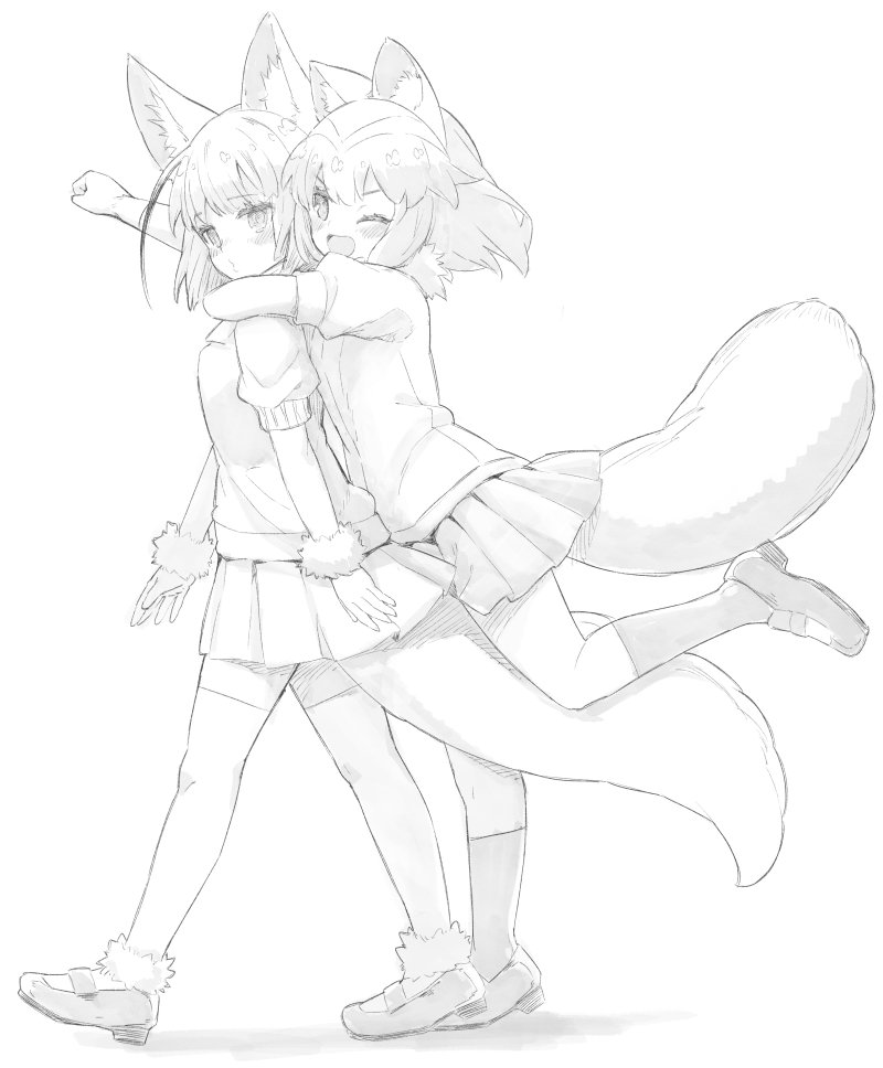 &gt;;d 2girls ;d alternate_footwear animal_ears arm_up arms_at_sides blush clenched_hand common_raccoon_(kemono_friends) eyebrows_visible_through_hair eyelashes fennec_(kemono_friends) fox_ears full_body fur_trim gloves hug hug_from_behind katagishi kemono_friends kneehighs leg_lift looking_at_viewer mary_janes monochrome multicolored_hair multiple_girls neck_ribbon o3o one_eye_closed open_mouth pleated_skirt puckered_lips puffy_short_sleeves puffy_sleeves raccoon_ears raccoon_tail ribbon shadow shirt shoes short_hair short_sleeve_sweater short_sleeves simple_background skirt smile socks sweater tail tareme thigh-highs walking white_background zettai_ryouiki